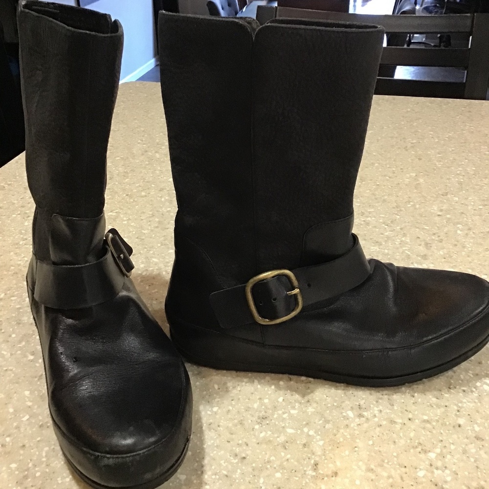 FITFLOP Women’s FF2 Black Leather Harness Dueboot Biker Mid Calf Pull On 9
